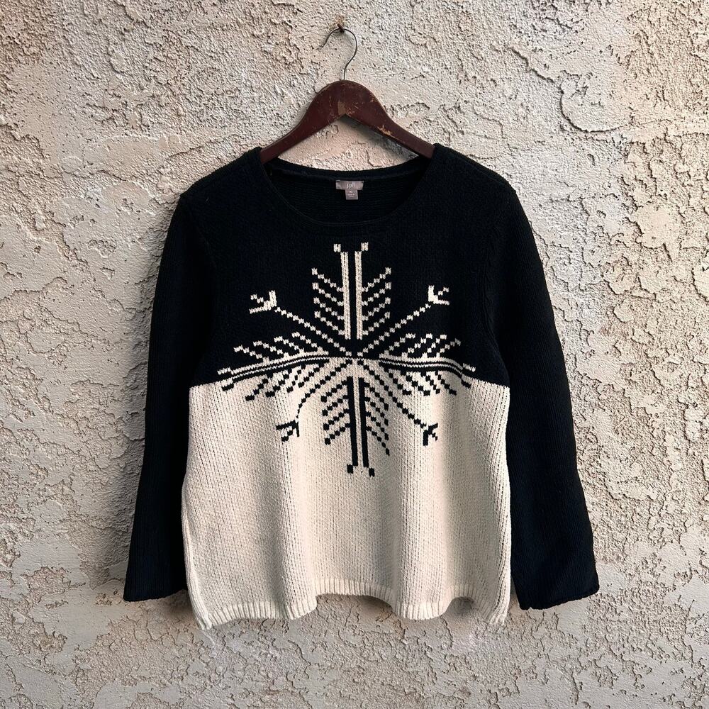 J. Jill Black and Cream Crewneck Sweater with Snowflake